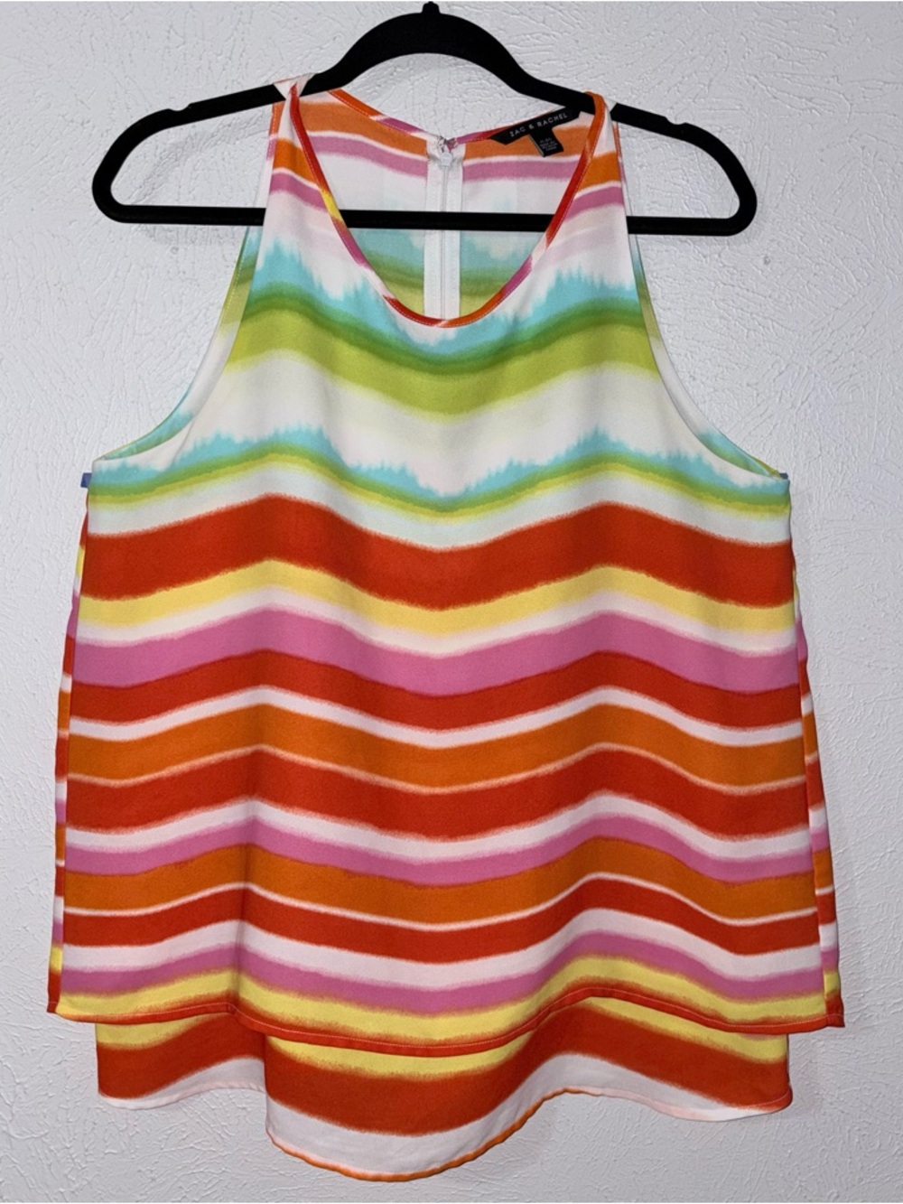 Colorful Stripe Sleeveless Blouse XL Layered Hem Back Zip Chic Flowy Top
